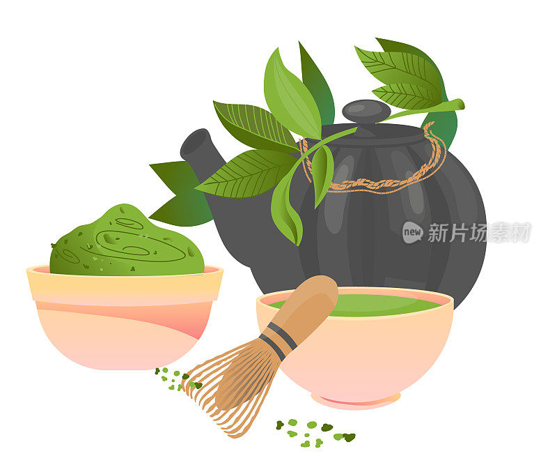 Matcha green tea drink utensils and leaves, flat vector illustration isolated.